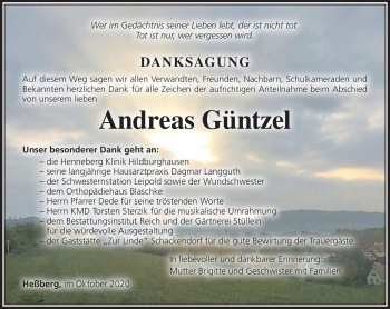 Traueranzeige von Andreas Güntzel von Südthüringer Presse