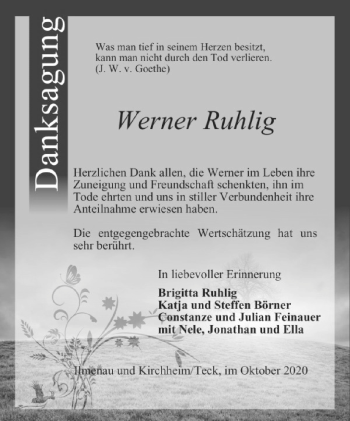 Traueranzeige von Werner Ruhlig von Südthüringer Presse