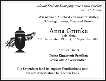 Traueranzeige von Anna Grönke von Frankenpost