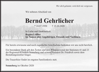Traueranzeige von Bernd Gehrlicher von Südthüringer Presse