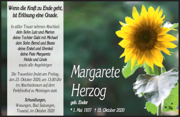 Traueranzeige von Margarete Herzog von Südthüringer Presse