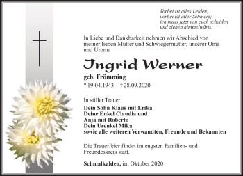 Traueranzeige von Ingrid Werner von Südthüringer Presse