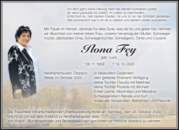 Traueranzeige von Ilona Frey von Südthüringer Presse