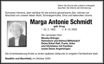 Traueranzeige von Marga Antonie Schmidt von Südthüringer Presse
