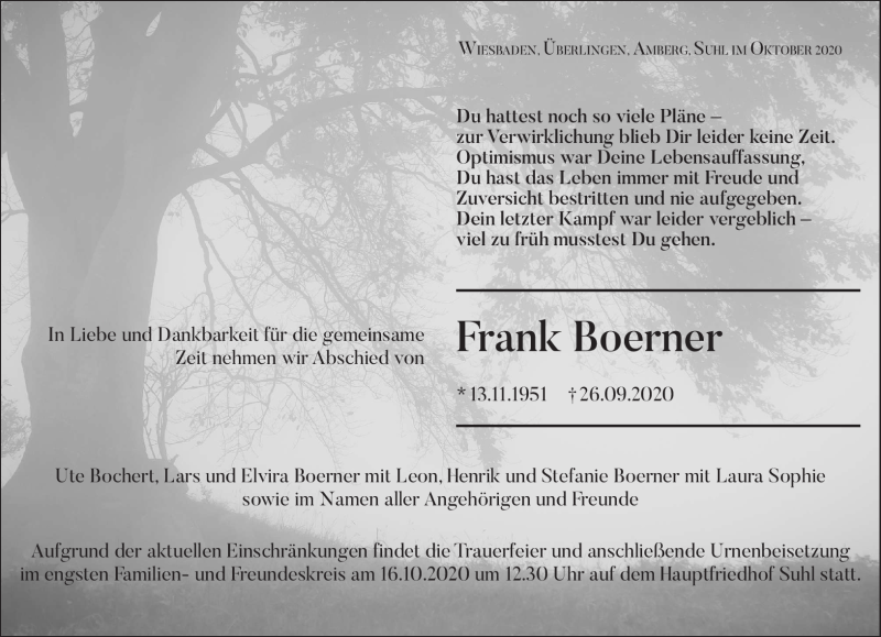  Traueranzeige für Frank Boerner vom 10.10.2020 aus Südthüringer Presse