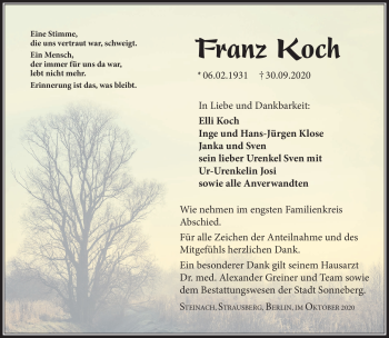 Traueranzeige von Franz Koch von Südthüringer Presse