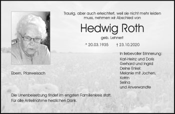 Traueranzeige von Hedwig Roth von Neue Presse Coburg