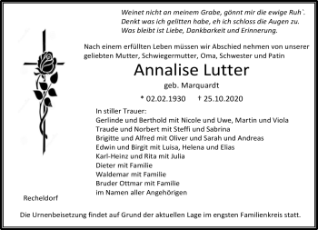 Traueranzeige von Annalise Lutter von Neue Presse Coburg