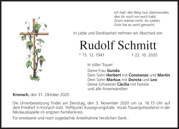 Traueranzeige von Rudolf Schmitt von Neue Presse Coburg
