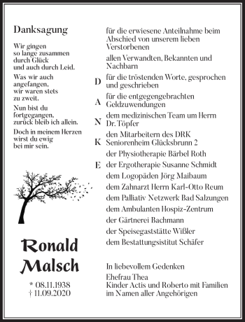 Traueranzeige von Ronald Malsch von Südthüringer Presse