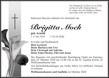 Traueranzeige von Brigitta Mock von Südthüringer Presse