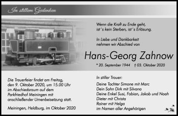 Traueranzeige von Hans-Georg Zahnow von Südthüringer Presse