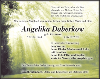 Traueranzeige von Angelika Daberkow von Südthüringer Presse