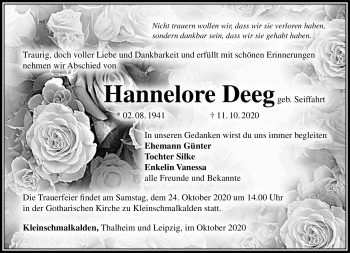 Traueranzeige von Hannelore Deeg von Südthüringer Presse