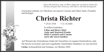 Traueranzeige von Christa Richter von Südthüringer Presse