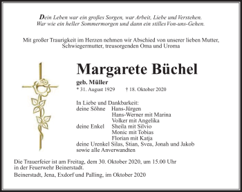 Traueranzeige von Margarete Büchel von Südthüringer Presse