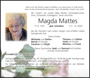Traueranzeige von magda Mattes von Neue Presse Coburg
