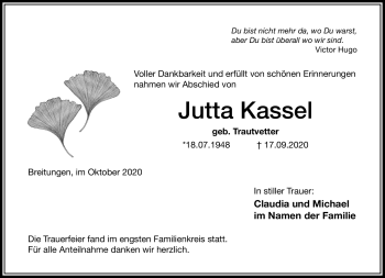 Traueranzeige von Jutta Kassel von Südthüringer Presse