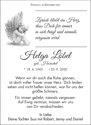 Traueranzeige von Helga Löbel von Südthüringer Presse