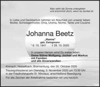 Traueranzeige von Johanna Beetz von Neue Presse Coburg