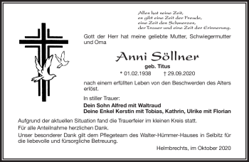 Traueranzeige von Anni Söllner von Frankenpost