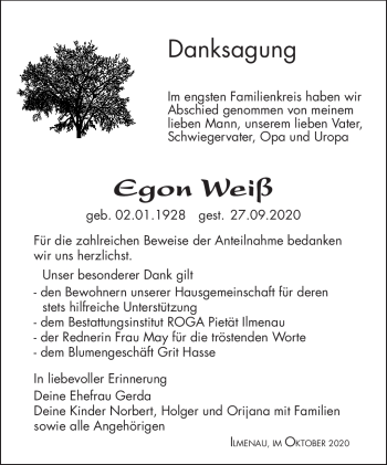 Traueranzeige von Egon Weiß von Südthüringer Presse