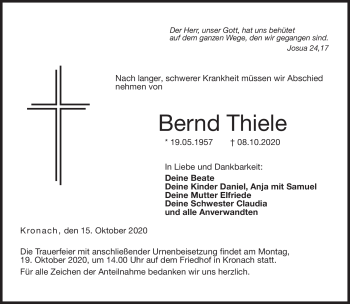 Traueranzeige von Bernd Thiele von Neue Presse Coburg