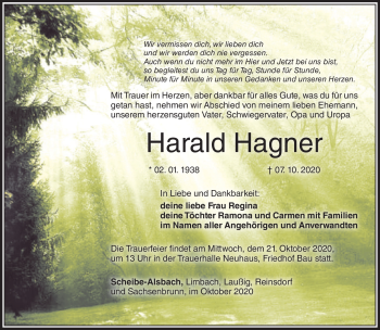 Traueranzeige von Harald Hagner von Südthüringer Presse