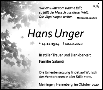 Traueranzeige von Hans Unger von Südthüringer Presse