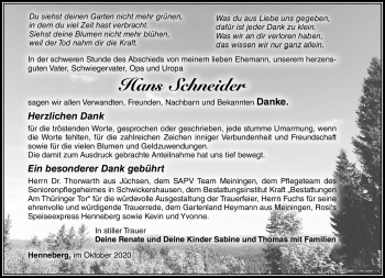 Traueranzeige von Hans Schneider von Südthüringer Presse