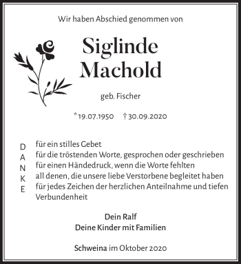 Traueranzeige von Siglinde Machold von Südthüringer Presse