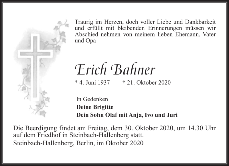  Traueranzeige für Erich Bahner vom 24.10.2020 aus Südthüringer Presse