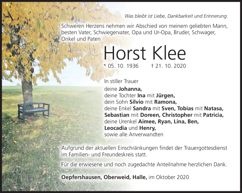  Traueranzeige für Horst Klee vom 24.10.2020 aus Südthüringer Presse