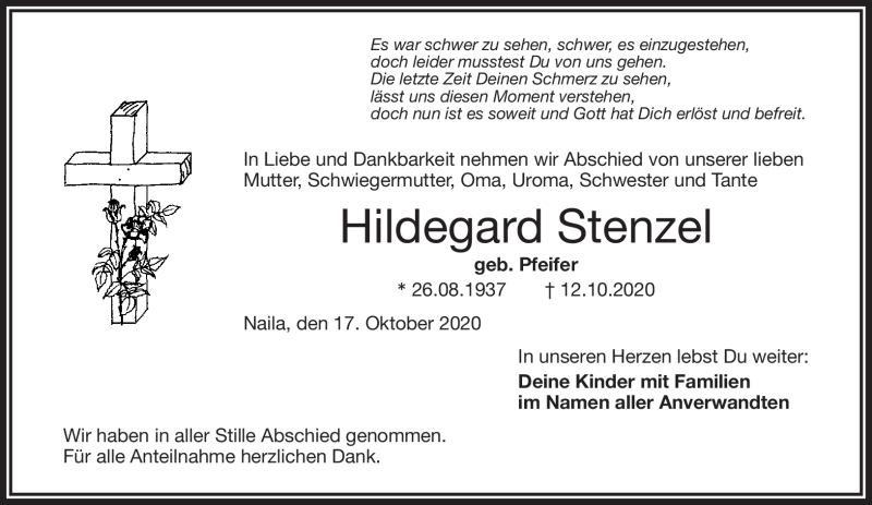  Traueranzeige für Hildegard Stenzel vom 17.10.2020 aus Frankenpost