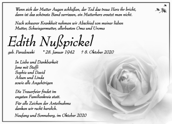 Traueranzeige von Edith Nußpickel von Südthüringer Presse