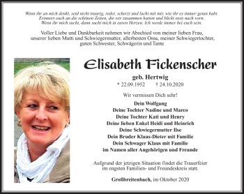 Traueranzeige von Elisabeth Fickenscher von Südthüringer Presse