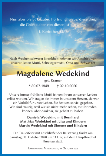 Traueranzeige von Magdalene Wedekind von Südthüringer Presse