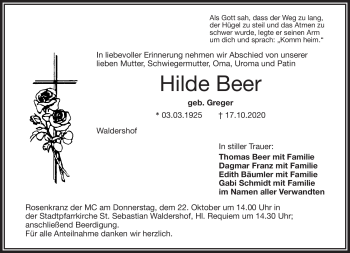 Traueranzeige von Hilde Beer von Frankenpost