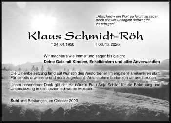 Traueranzeige von Klaus Schmidt-Röh von Südthüringer Presse