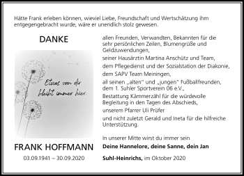 Traueranzeige von Frank Hoffmann von Südthüringer Presse