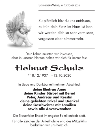 Traueranzeige von Helmut Schulz von Südthüringer Presse