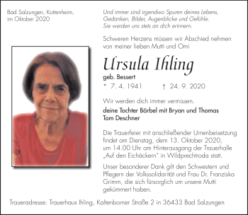 Traueranzeige von Ursula Ihling von Südthüringer Presse