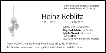 Traueranzeige von Heinz Reblitz von Neue Presse Coburg