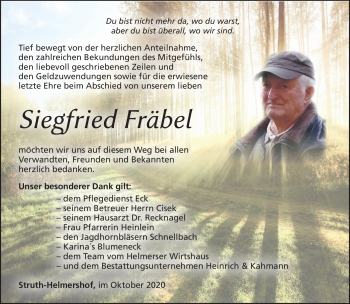 Traueranzeige von Siegfried Fräbel von Südthüringer Presse