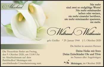 Traueranzeige von Waltraud Wirthwein von Südthüringer Presse
