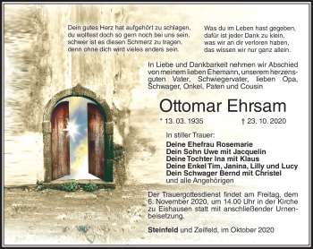 Traueranzeige von Ottomar Ehrsam von Südthüringer Presse