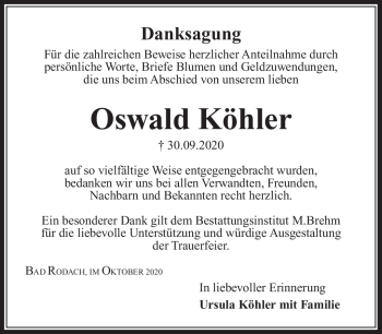 Traueranzeige von Oswald Köhler von Neue Presse Coburg