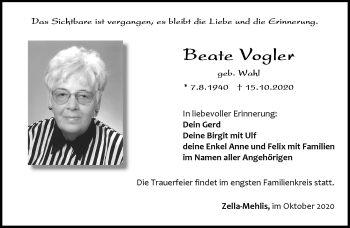 Traueranzeige von Beate Vogler von Südthüringer Presse