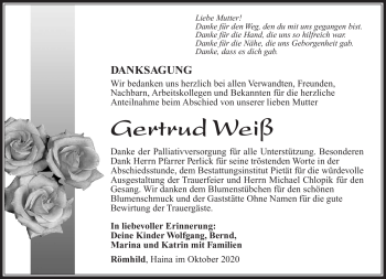 Traueranzeige von Gertrud Weiß von Südthüringer Presse