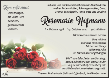 Traueranzeige von Rosemarie Hofmann von Südthüringer Presse